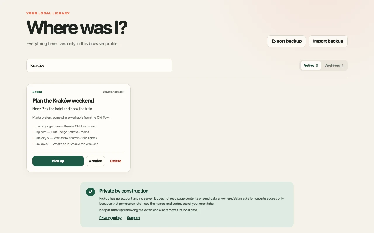 The Pickup library filtered by a search for Kraków, above a panel explaining that Pickup has no account, no server, and no page access.